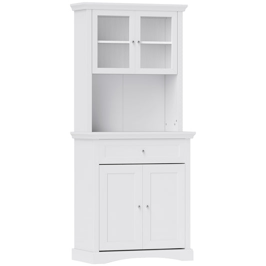 Photo of HOMCOM 4-Door Kitchen Cupboard with Drawer, Freestanding Kitchen Cabinet with Glass Doors, Adjustable Shelves and Open Counter, White in White colour on a white background