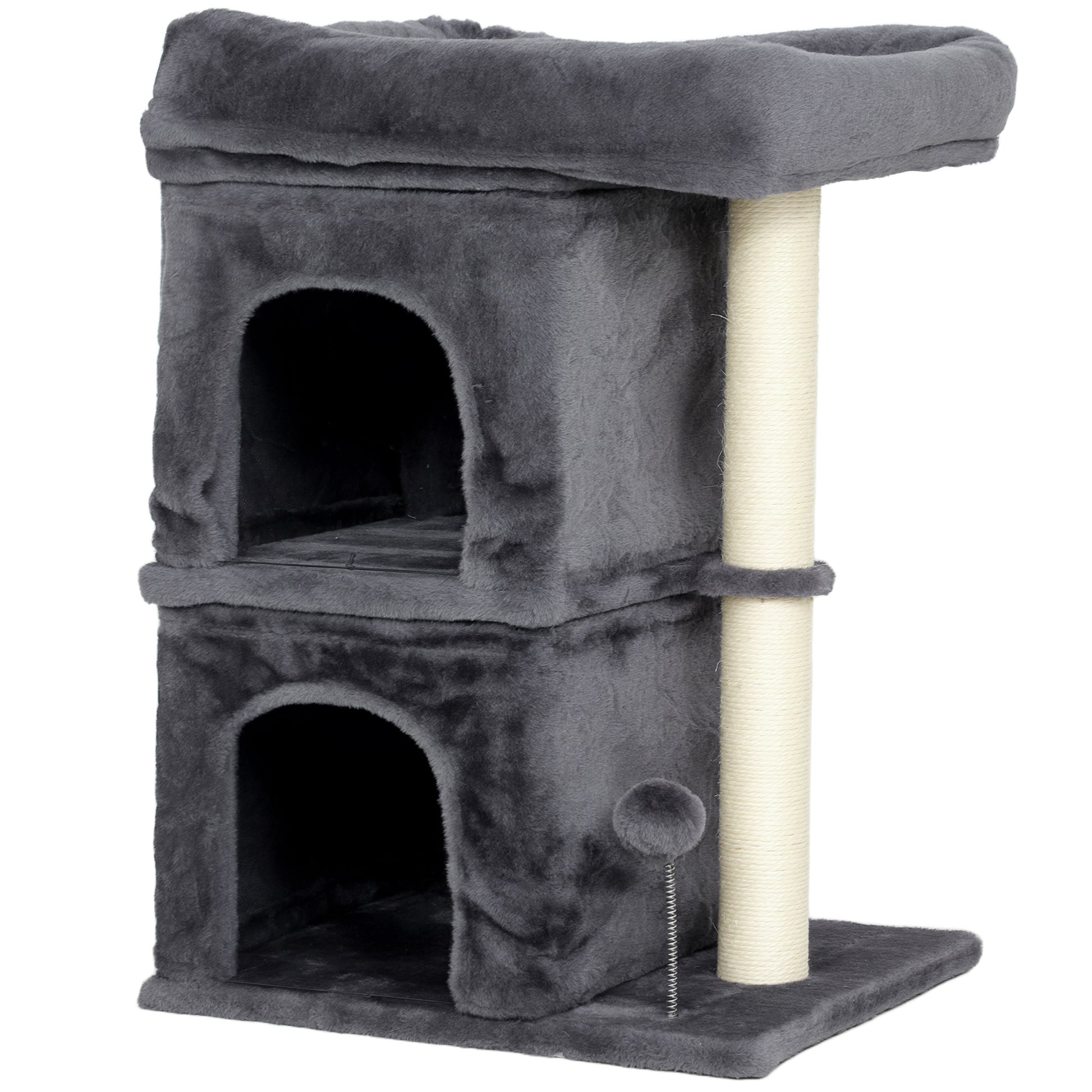 Photo of PawHut 66 cm Small Cat Tree for Large Cats, Cat Tower w/ Large Top Perch, 2 Condos, Sisal Scratching Post, Toy Ball, Dark Grey in Grey colour on a white background