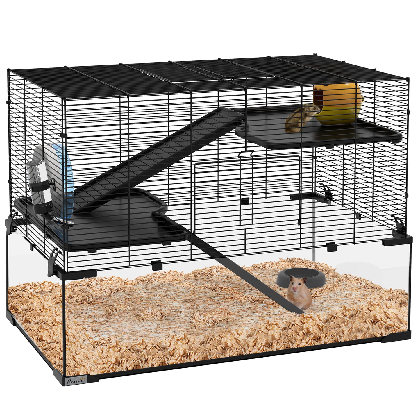 Photo of PawHut 3 Tiers Hamster Cage, Gerbil Cage with Deep Glass Bottom, Non-Slip Ramps, Platforms, Hut, Exercise Wheels, Water Bottle, Dish, for Syrian Hamster, Dwarf Hamster, 76.5 x 48.5 x 54.5cm in 54.5cm colour on a white background
