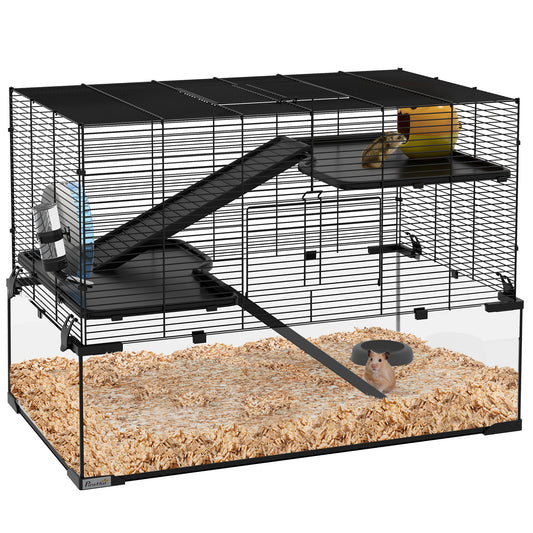 Photo of PawHut 3 Tiers Hamster Cage, Gerbil Cage with Deep Glass Bottom, Non-Slip Ramps, Platforms, Hut, Exercise Wheels, Water Bottle, Dish, for Syrian Hamster, Dwarf Hamster, 76.5 x 48.5 x 54.5cm in 54.5cm colour on a white background