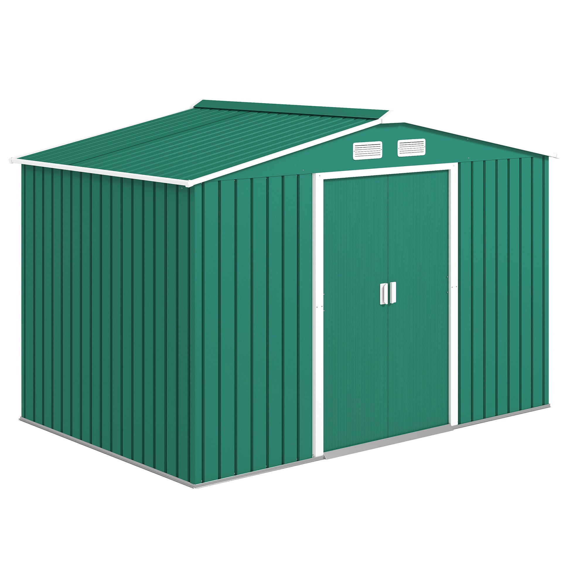 Photo of Outsunny 9 x 6ft Metal Garden Shed, Outdoor Storage Tool House with Ventilation Slots, Foundation Kit and Lockable Double Doors, Green in Green colour on a white background