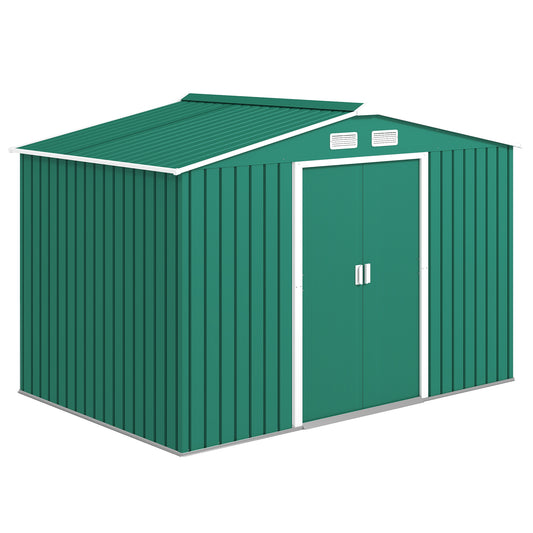 Photo of Outsunny 9 x 6ft Metal Garden Shed, Outdoor Storage Tool House with Ventilation Slots, Foundation Kit and Lockable Double Doors, Green in Green colour on a white background