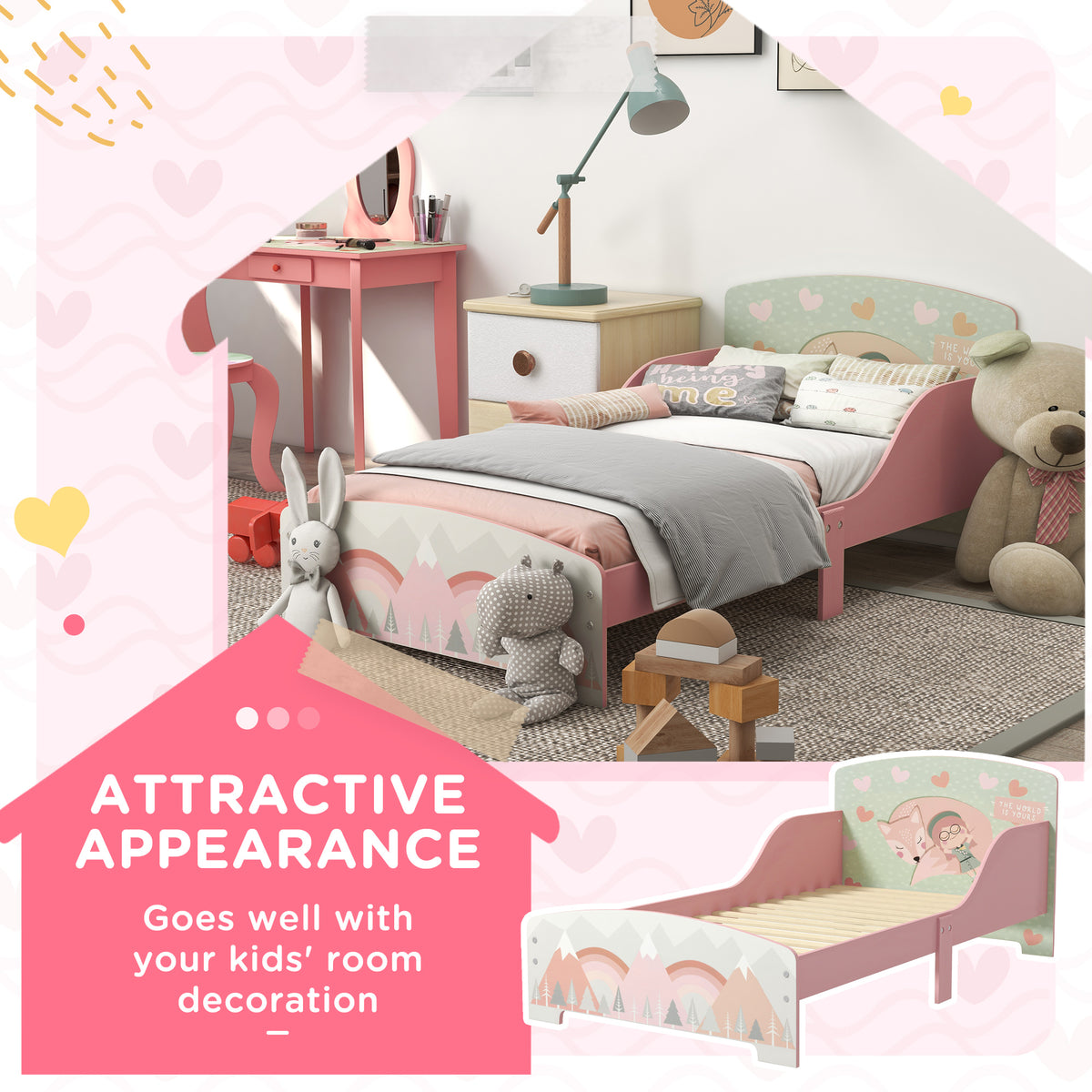 Pink toddler bed with slatted base and pastel mountain-print headboard and footboard