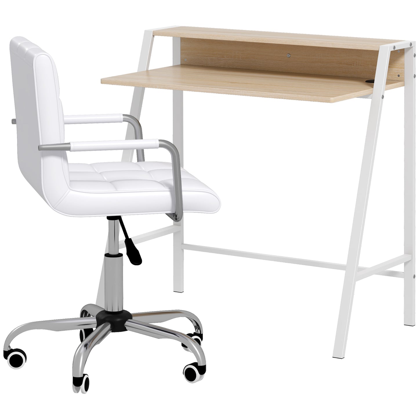 Photo of HOMCOM Home Office Chair and Computer Desk Set, Faux Leather Desk Chair with Swivel Wheels, Study Desk with Storage Shelf, White in White colour on a white background