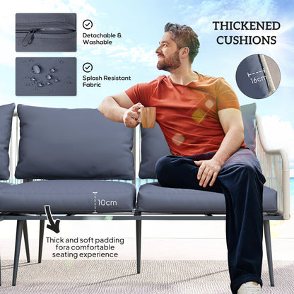 Grey garden sofa cushions with removable, washable covers and thick padded seats