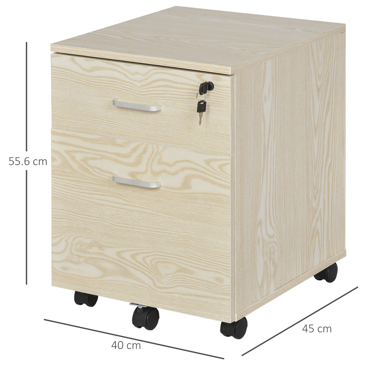 Light oak two-drawer filing cabinet on five wheels, shown with 40 by 45 cm dimensions