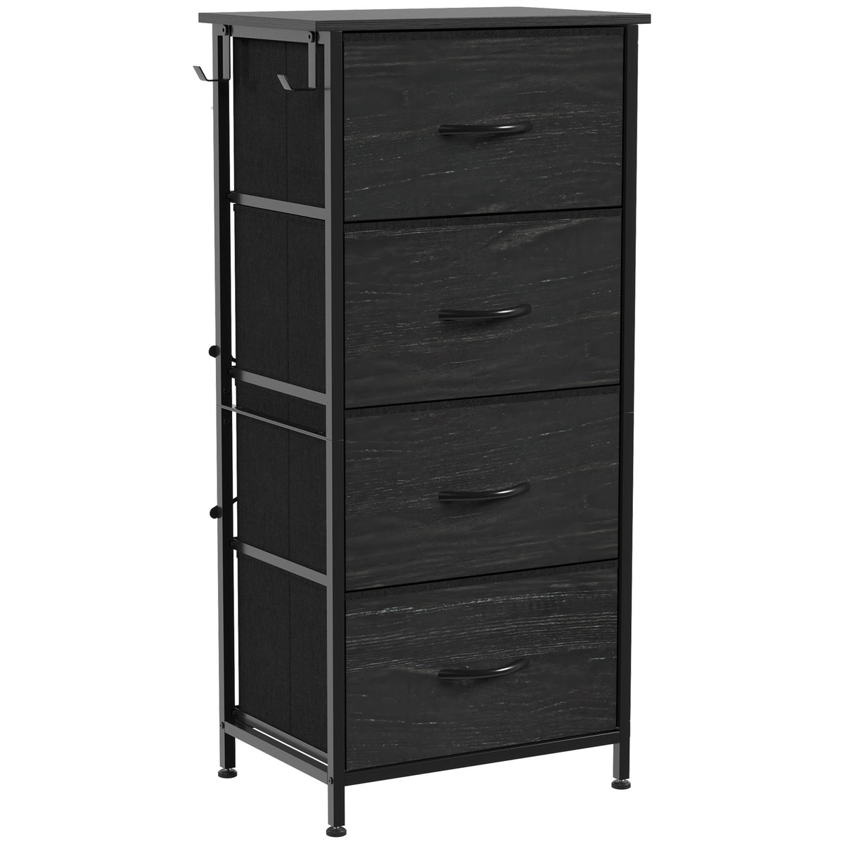 Photo of HOMCOM Chest of Drawers, Dresser with 4 Fabric Drawers, Tall Storage Unit with 4 Pockets and 2 Hooks, Steel Frame, Black in Black colour on a white background