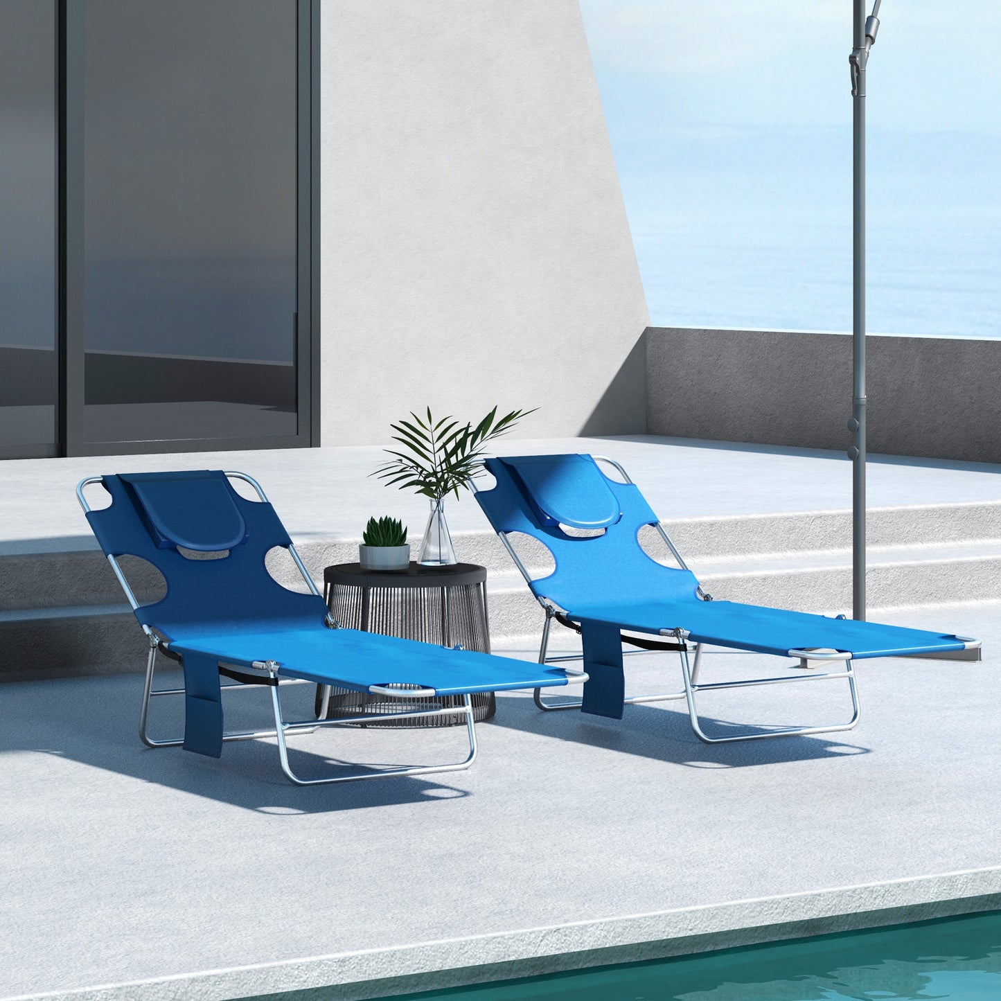 Outsunny Foldable Sun Lounger Set of 2 with Reading Hole, Portable Sun Lounger with 5 Level Adjustable Backrest, Reclining Lounge Chair with Side Pocket, Headrest Pillow, Blue
