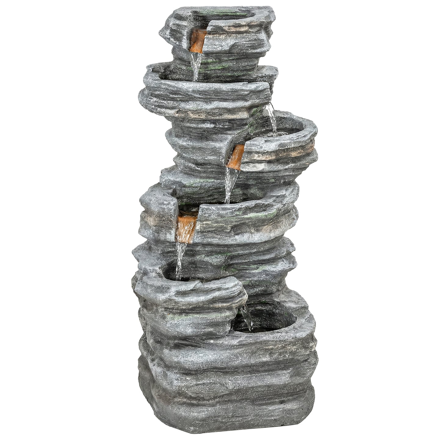 Photo of Outsunny Outdoor Fountain, 6-Tier Cascading Waterfall Feature with LED Lights, Resin Freestanding Garden Fountain, Grey in Grey colour on a white background