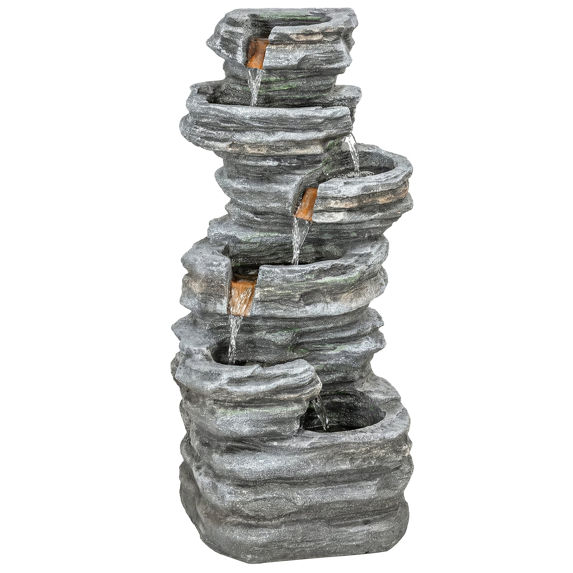 Photo of Outsunny Outdoor Fountain, 6-Tier Cascading Waterfall Feature with LED Lights, Resin Freestanding Garden Fountain, Grey in Grey colour on a white background