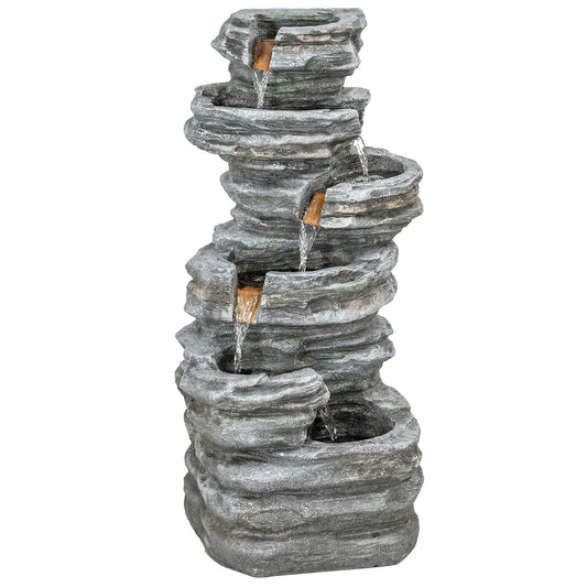 Photo of Outsunny Outdoor Fountain, 6-Tier Cascading Waterfall Feature with LED Lights, Resin Freestanding Garden Fountain, Grey in Grey colour on a white background