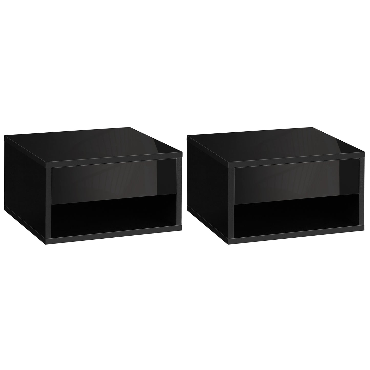 Photo of HOMCOM Floating Bedside Tables Set of 2, Wall Mounted Nightstand, High Gloss Black in Black colour on a white background