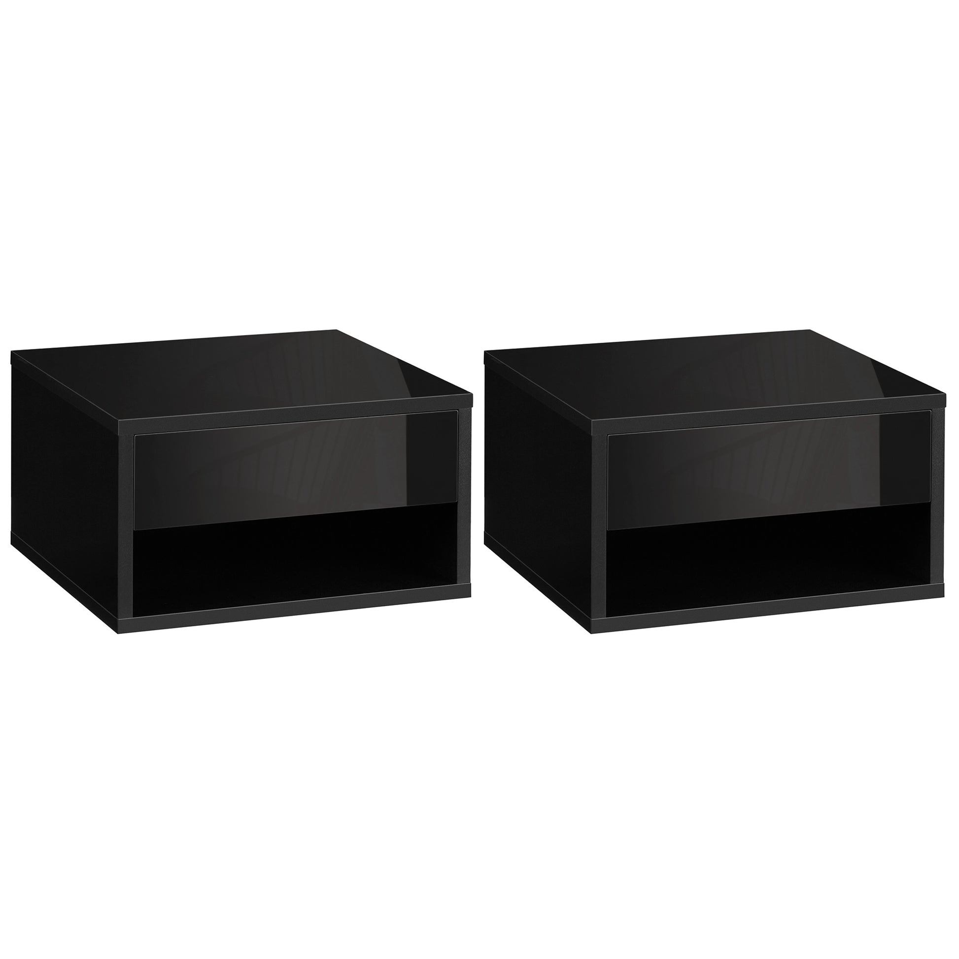 Photo of HOMCOM Floating Bedside Tables Set of 2, Wall Mounted Nightstand, High Gloss Black in Black colour on a white background