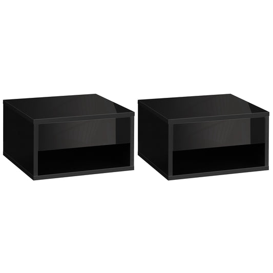 Photo of HOMCOM Floating Bedside Tables Set of 2, Wall Mounted Nightstand, High Gloss Black in Black colour on a white background