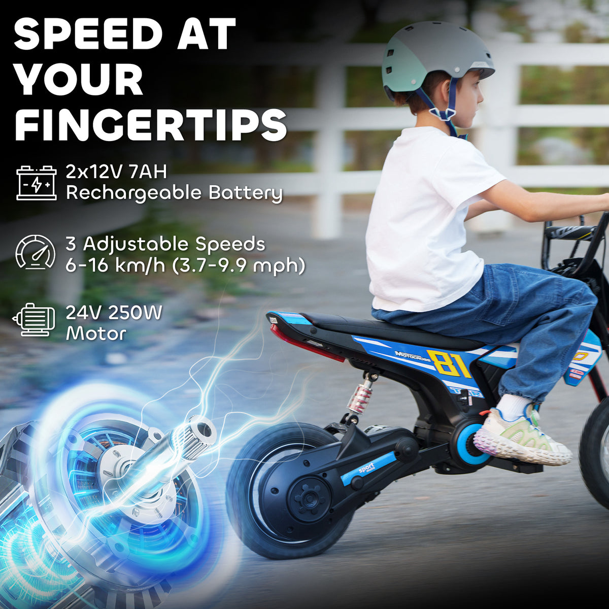 AIYAPLAY Kids Electric Motorbike 3 Gearboxes Speed Ride on Motorcycle with 40min Ranges - Blue