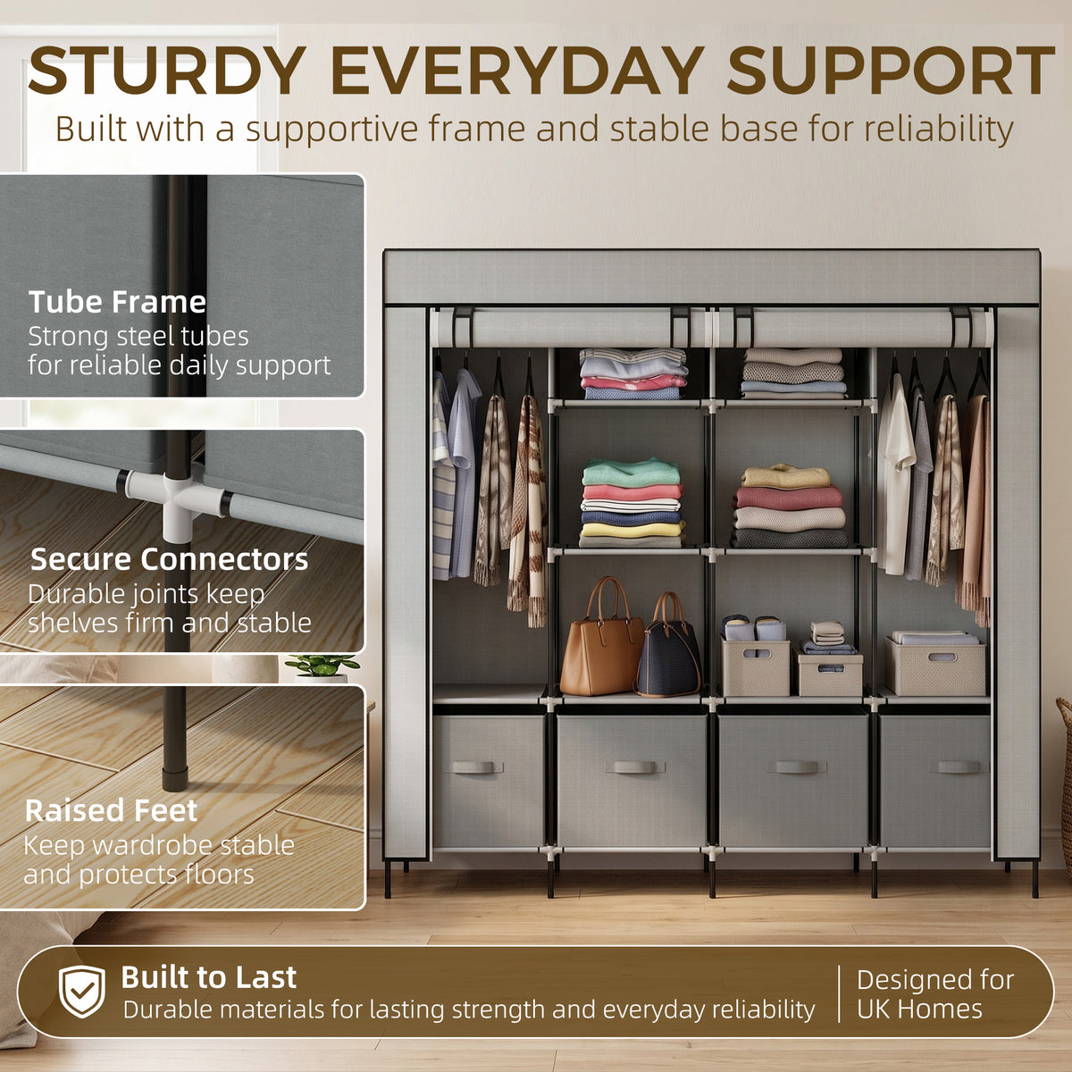 Fabric wardrobe with steel tube frame, shelves, hanging rails, and four drawers