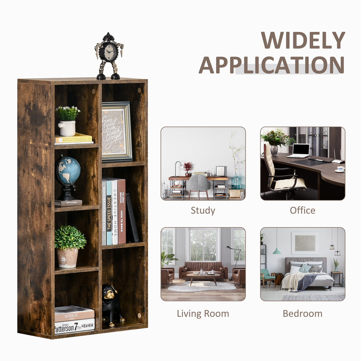 Rustic brown seven-cube bookcase shown styled for study, office, living room, and bedroom.