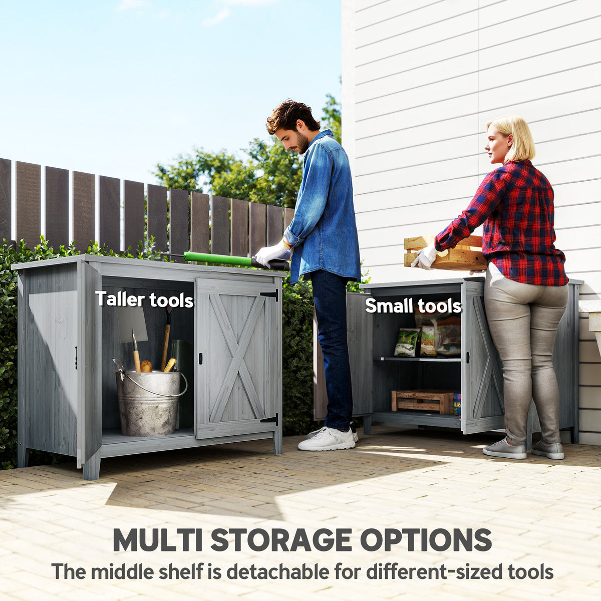 Outsunny wooden garden shed with removable middle shelf for tool storage