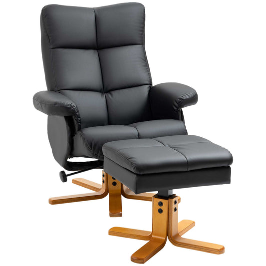 Photo of HOMCOM PU Leather Swivel Recliner Chair with Footstool, Wooden Base and Storage for Living Room, Black in Black colour on a white background