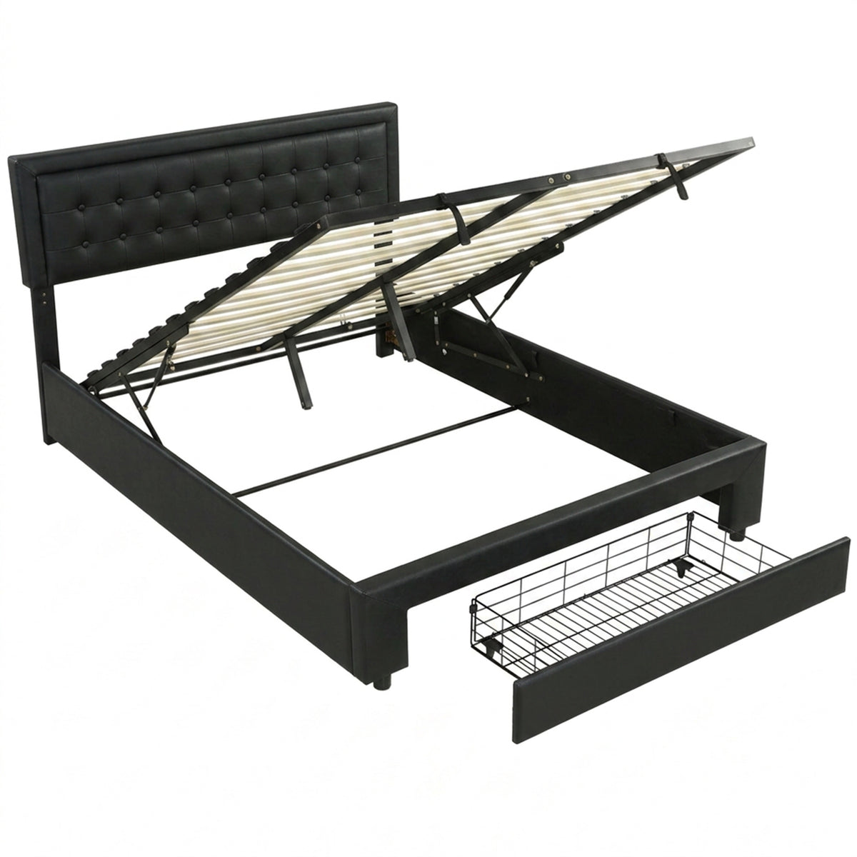Photo of HOMCOM PU Leather King Size Ottoman Bed Frame, with Front Drawer - Black in Black colour on a white background