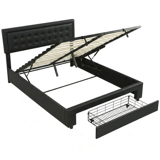Photo of HOMCOM PU Leather King Size Ottoman Bed Frame, with Front Drawer - Black in Black colour on a white background