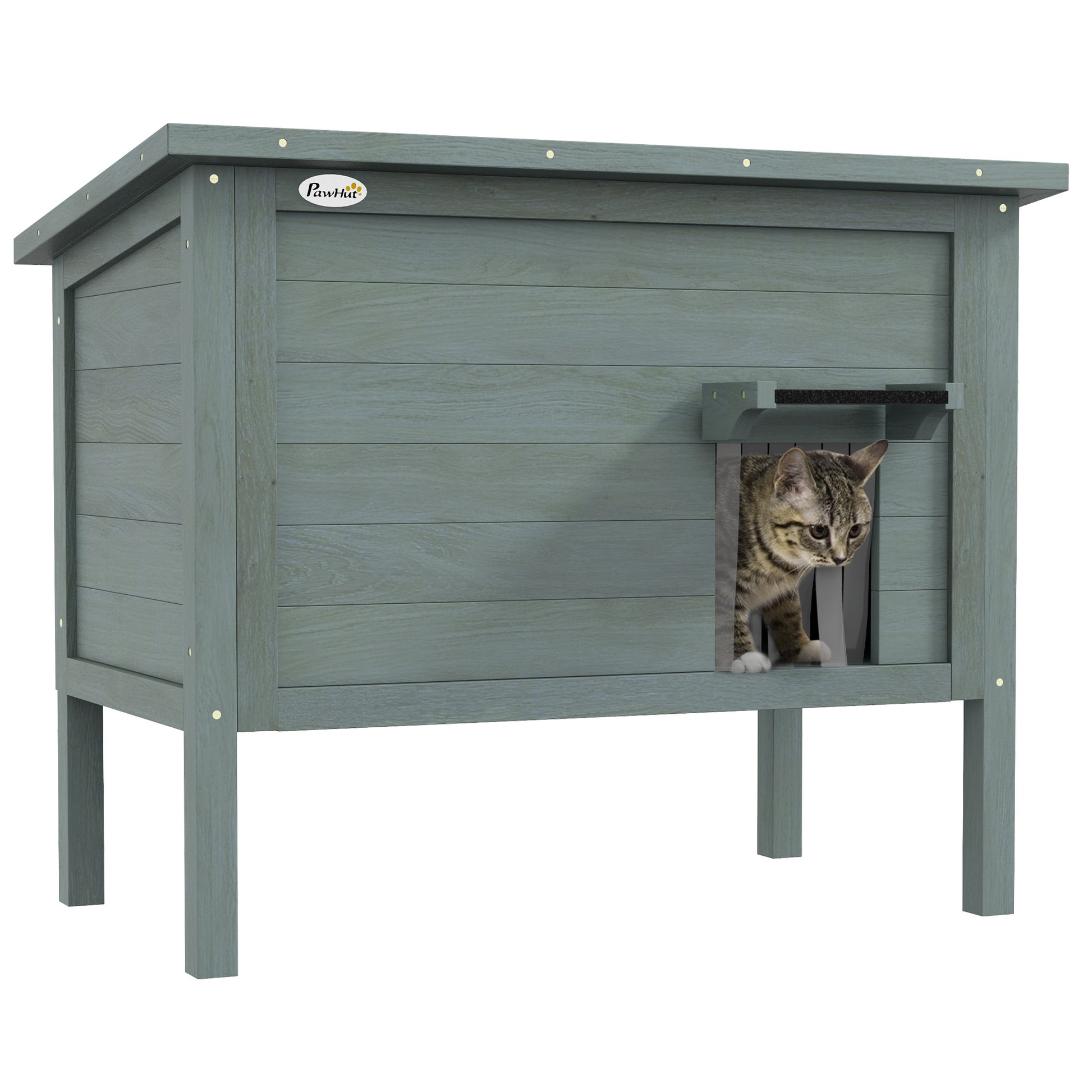 Photo of PawHut Feral Cat House, Wooden Insulated with Removable Floor, Water-Resistant Openable Roof - Charcoal Grey in Grey colour on a white background