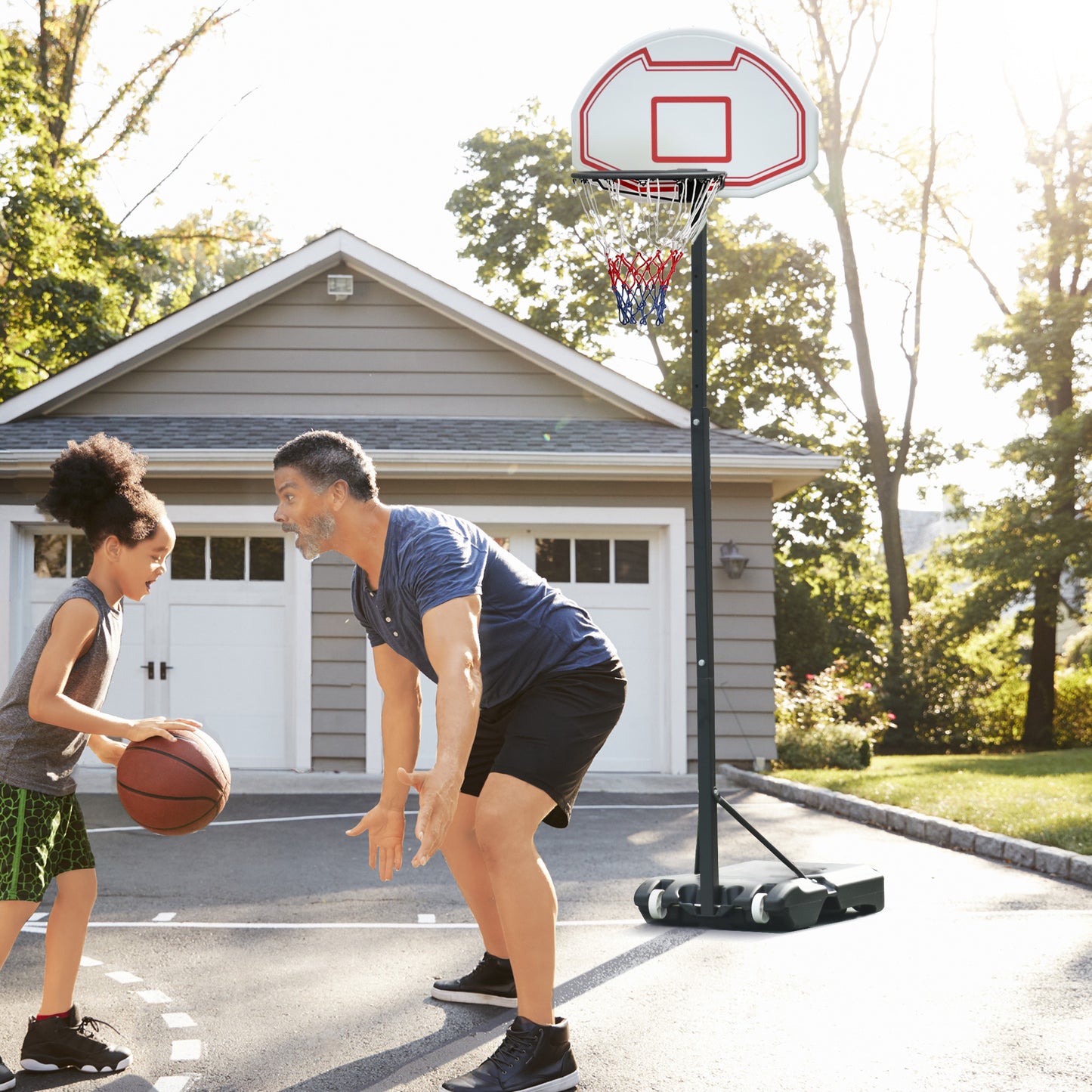 HOMCOM Basketball Hoop Outdoor, Portable Basketball Hoop and Stand with Weighted Base, Portable on Wheels, 1.55-2.1m, for Teens, Juniors, Adults, White