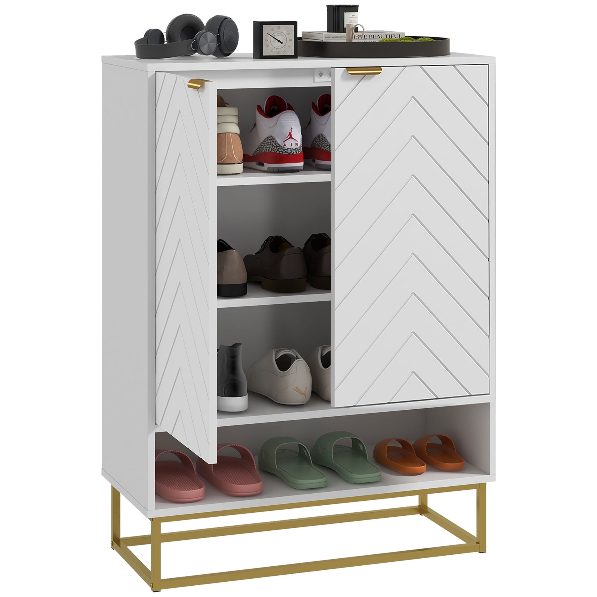 Photo of HOMCOM Shoe Storage Cabinet, Modern Shoe Cupboard with Open Shelf, Adjustable Shelf, 6 Vents, Shoe Rack for 12 Pairs of Shoes in Shoes colour on a white background