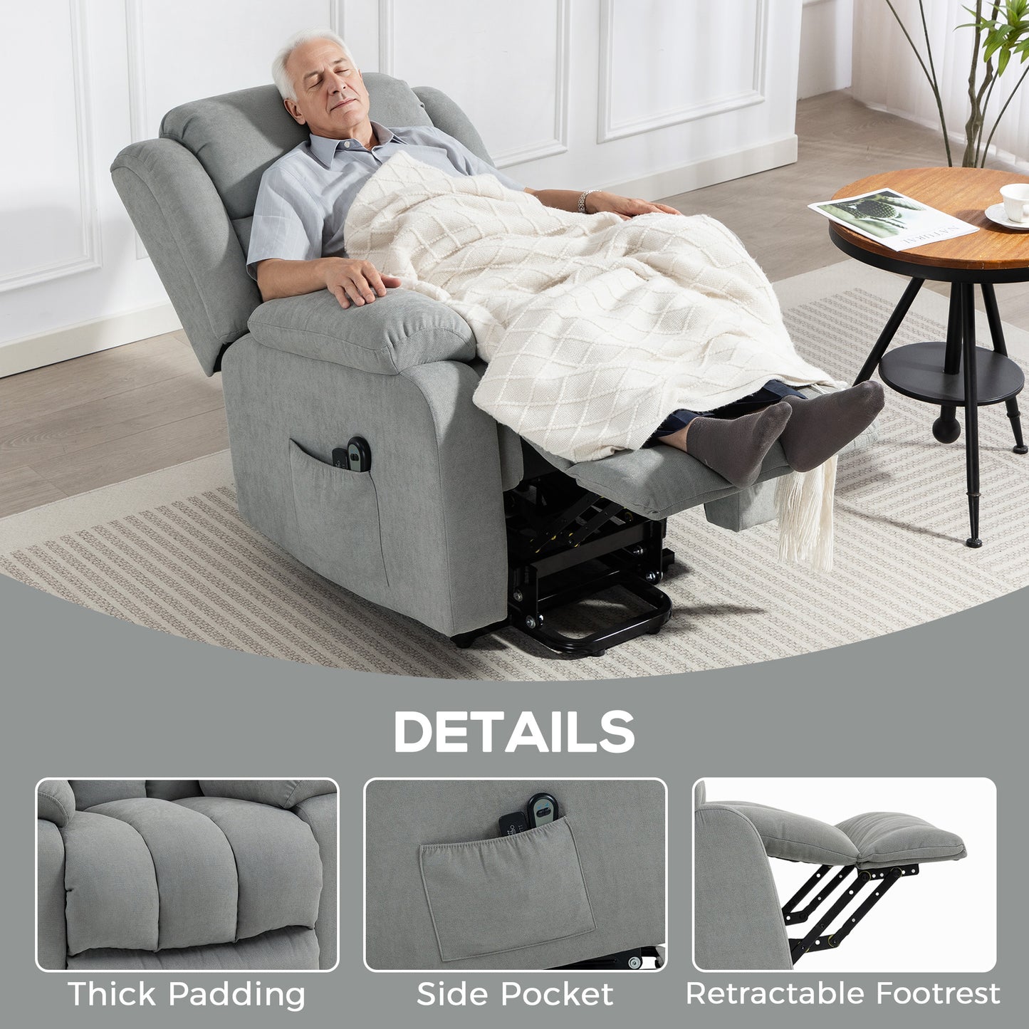 HOMCOM Power Lift Recliner Chair with Vibration Massage, Lift Chair for Elderly with Footrest, Remote, Side Pocket, Light Grey