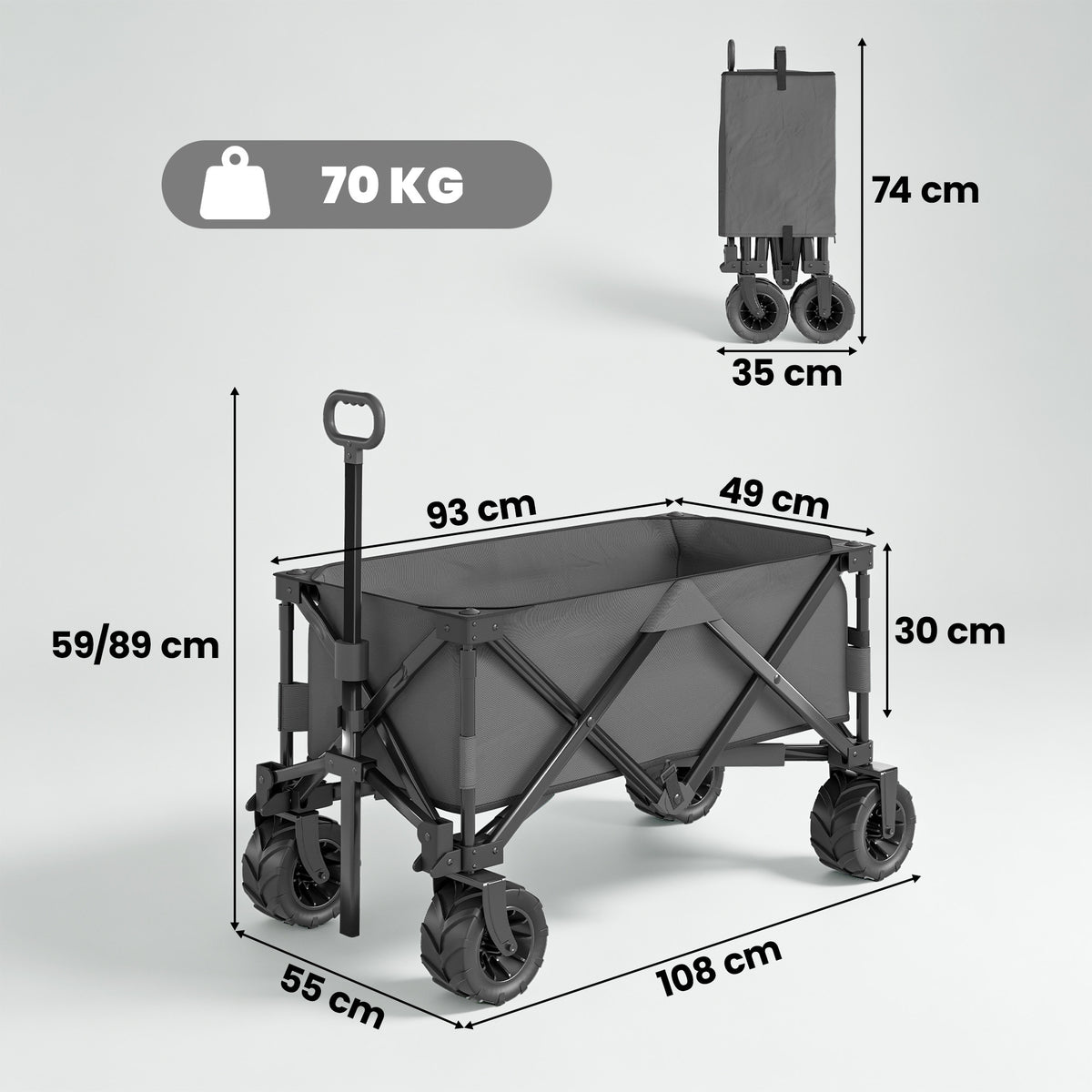 Dark gray folding cargo wagon with dimensions, 70 kg capacity, and compact folded size
