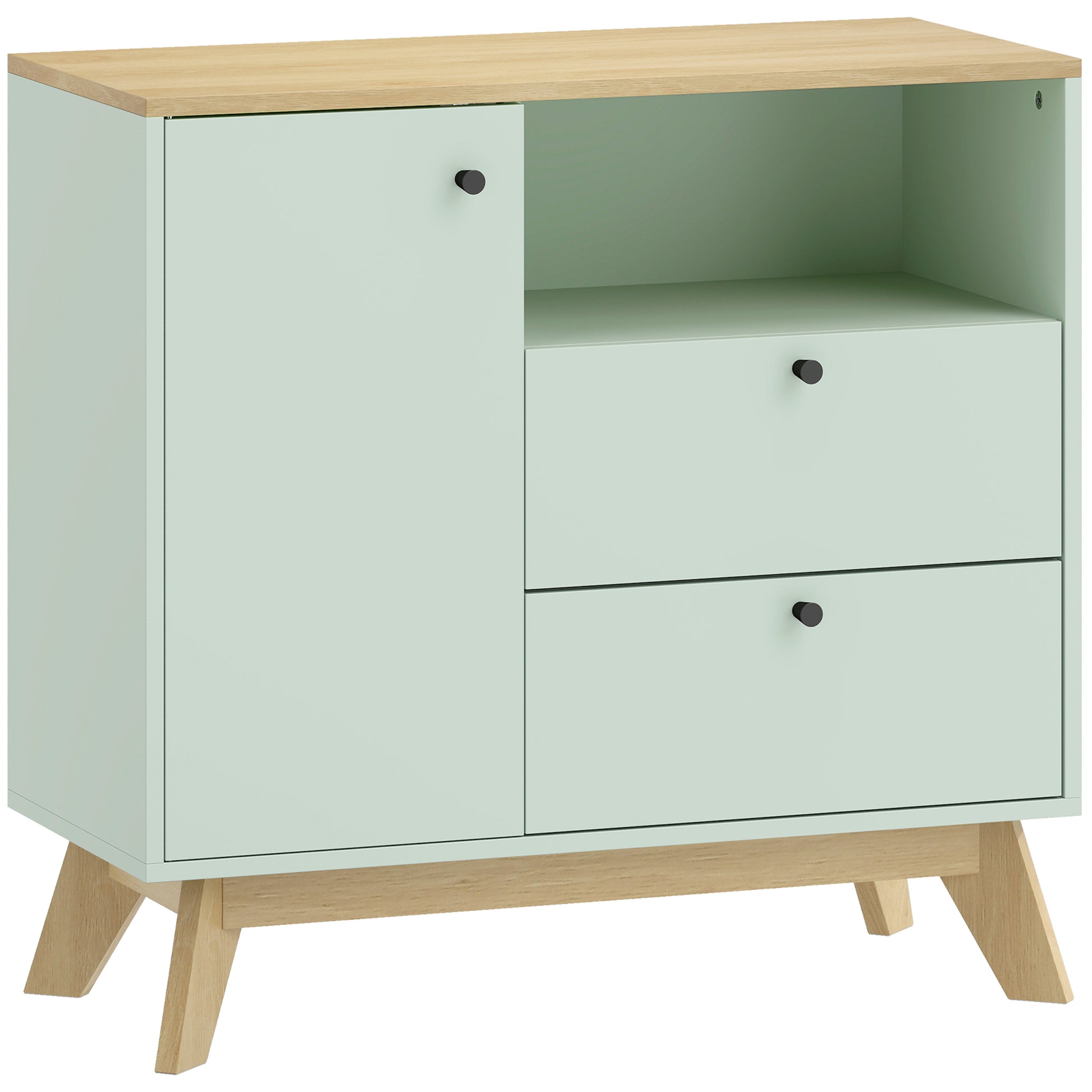 Photo of HOMCOM Sideboard Storage Cabinet, 80 cm Buffet Cabinet with 2 Drawers, Open Compartment, Adjustable Shelf, Light Green and Oak in Oak colour on a white background