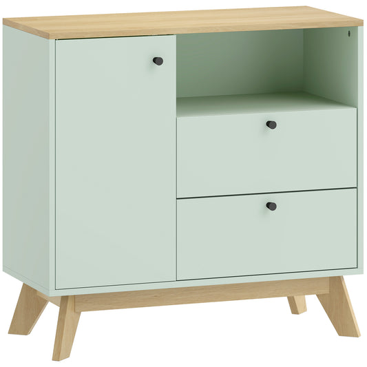 Photo of HOMCOM Sideboard Storage Cabinet, 80 cm Buffet Cabinet with 2 Drawers, Open Compartment, Adjustable Shelf, Light Green and Oak in Oak colour on a white background
