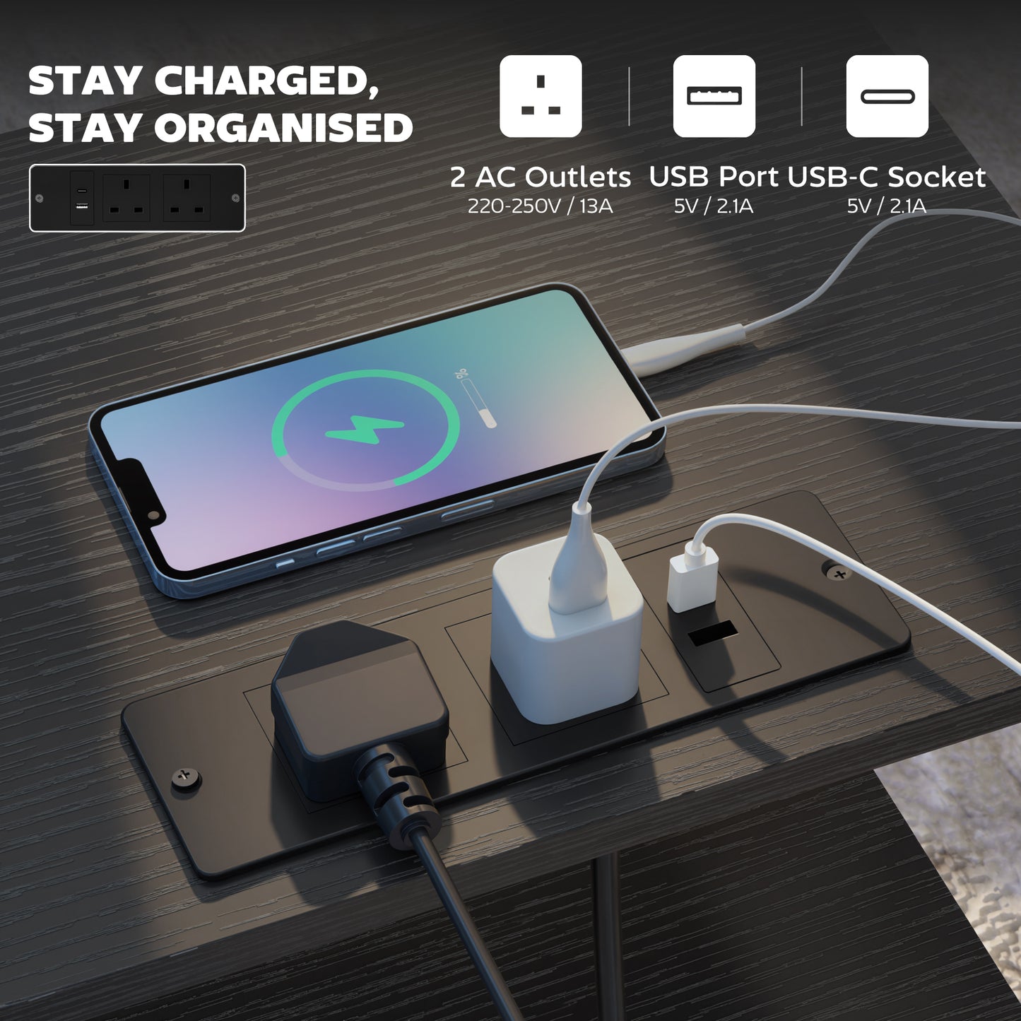 HOMCOM Bedside Table with Charging Station - Black