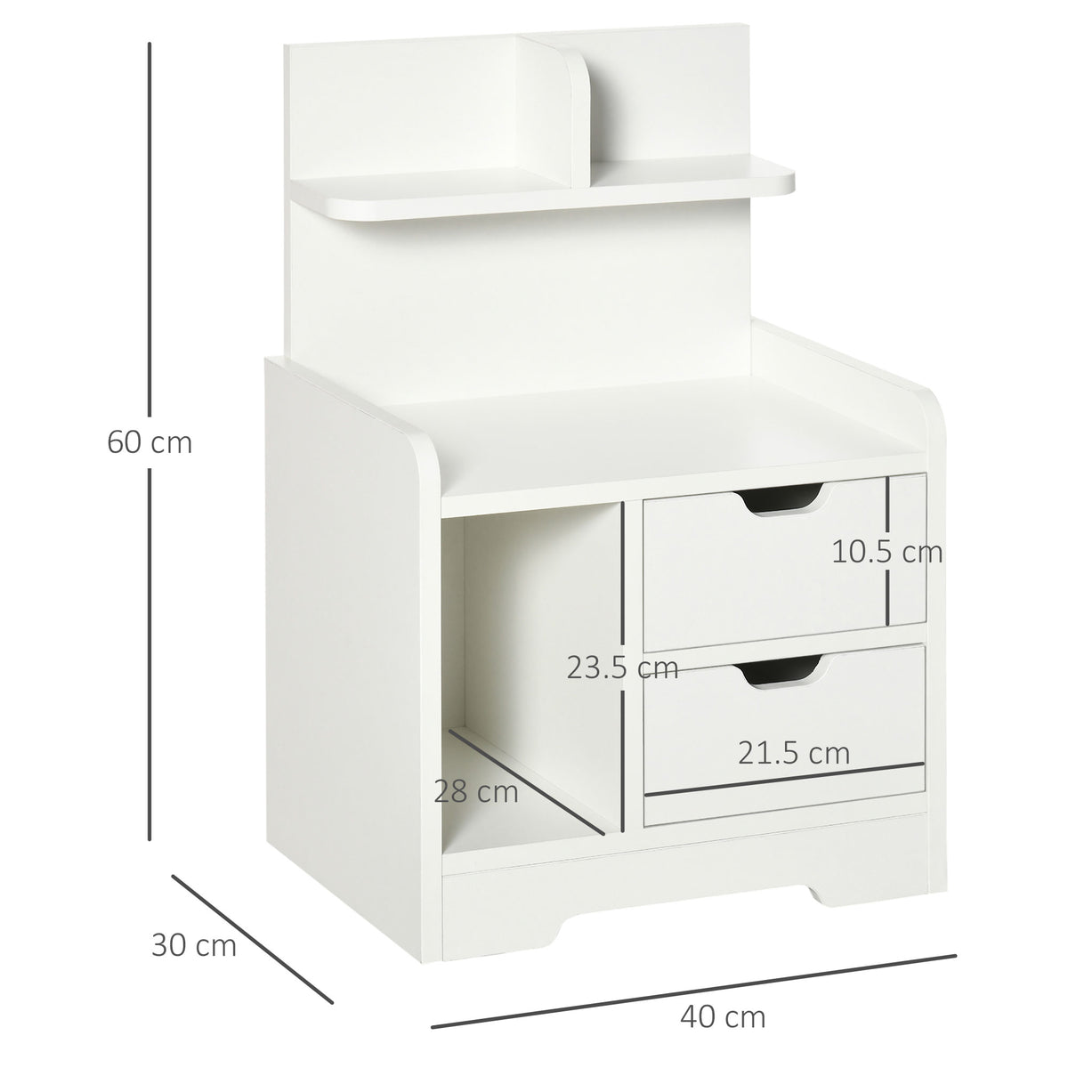 White HOMCOM nightstand with two drawers, open shelf, raised back shelf, and dimension labels