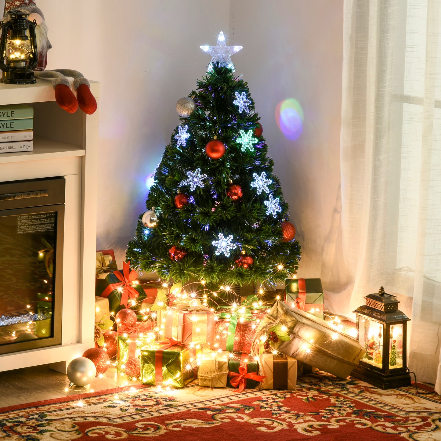 HOMCOM 3FT Green Fibre Optic Artificial Christmas Tree Xmas Colourful LED Scattered Tree with Snowflakes Ornaments Fireproofing