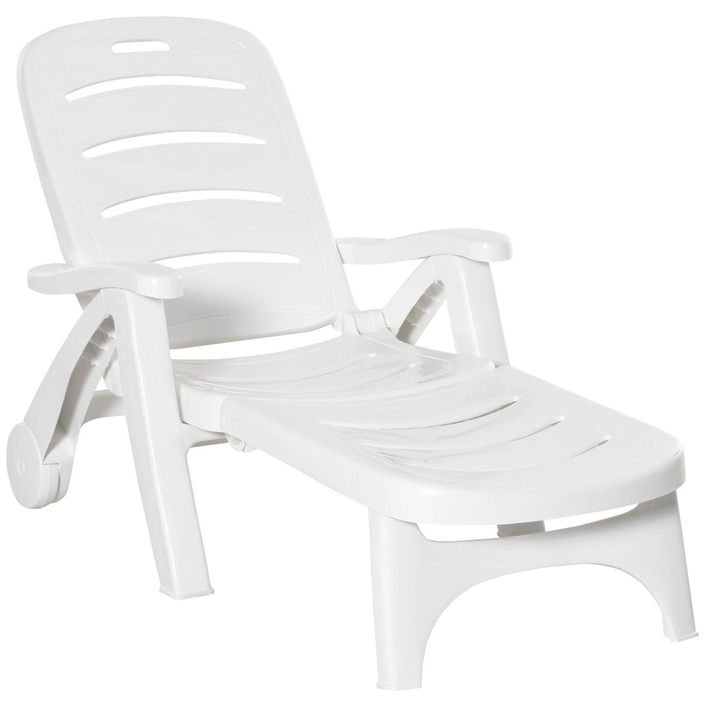 Photo of Outsunny Outdoor Folding Sun Lounger Recliner on Wheels w/ 5-Position Backrest, White in White colour on a white background