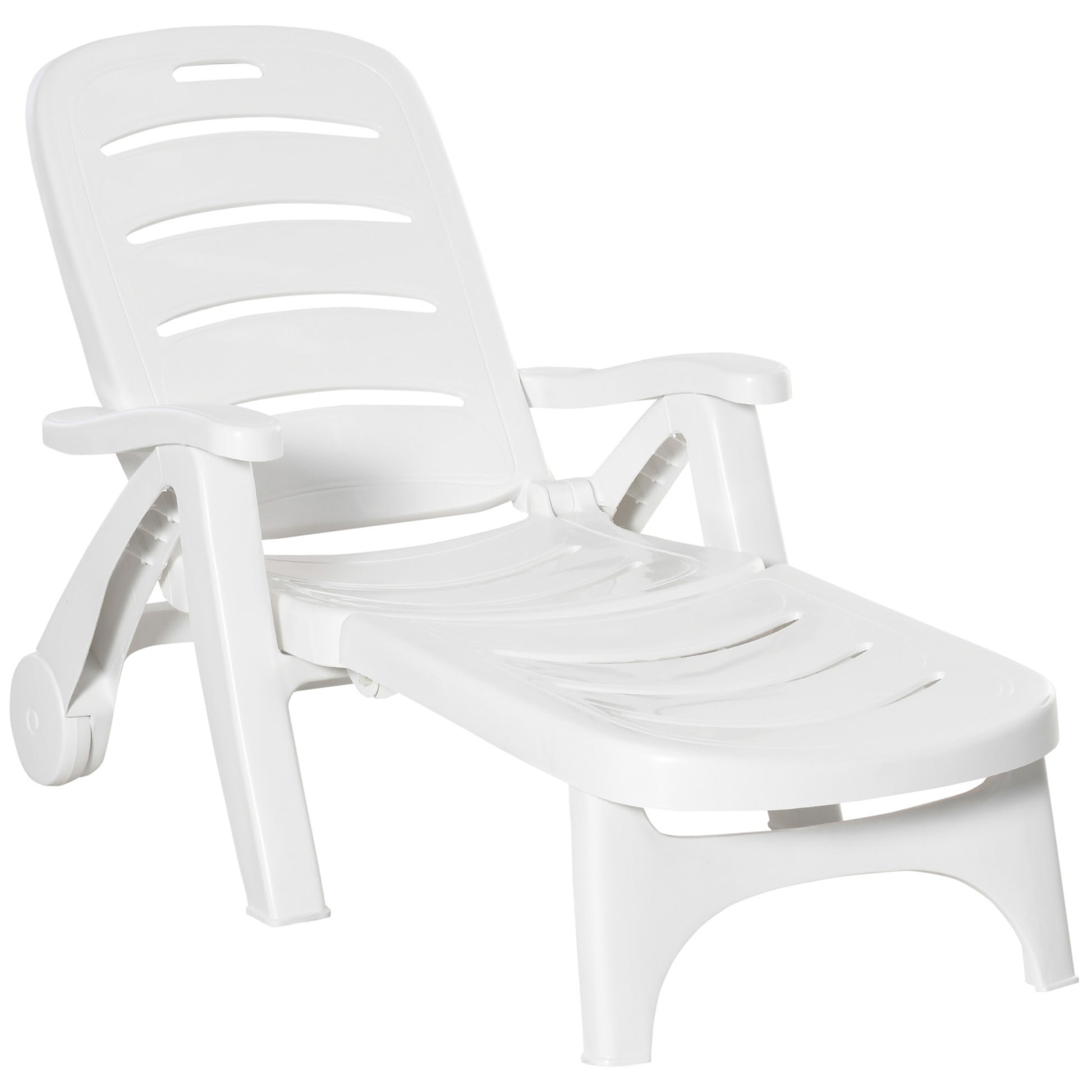 Photo of Outsunny Outdoor Folding Sun Lounger Recliner on Wheels w/ 5-Position Backrest, White in White colour on a white background
