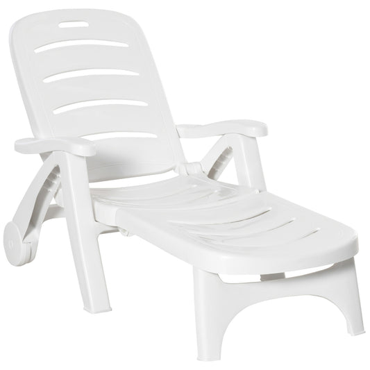 Photo of Outsunny Outdoor Folding Sun Lounger Recliner on Wheels w/ 5-Position Backrest, White in White colour on a white background