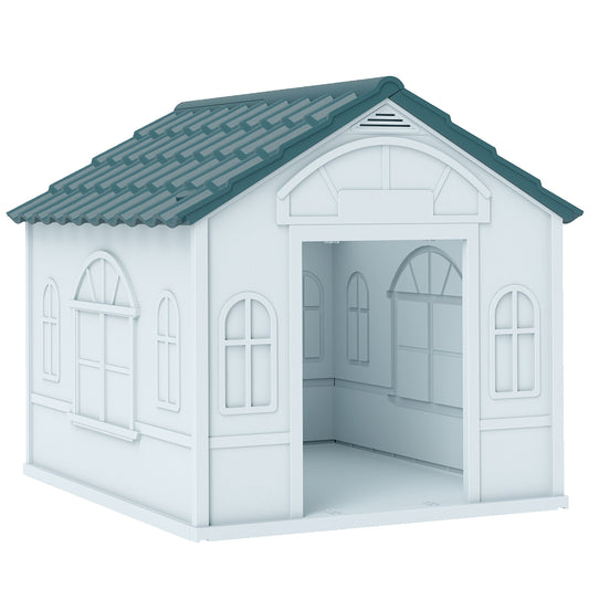 Photo of PawHut Plastic Weather-Resistant Dog House, for Indoors and Outdoors, Medium Dogs - White and Blue in Blue colour on a white background