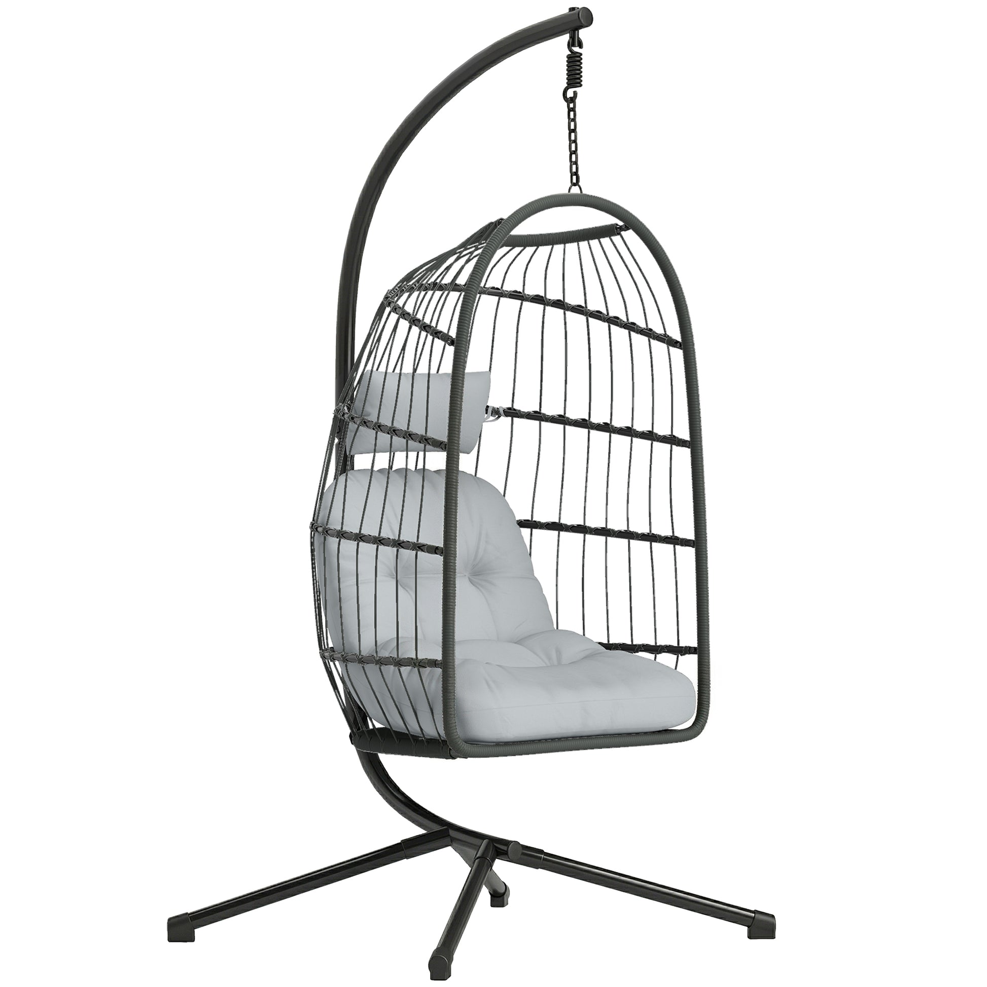 Photo of Outsunny Hanging Egg Chair, Indoor Outdoor Hammock Swing Chair with Stand, Safety Strap, Foldable Basket, Dark/Light Grey in Grey colour on a white background