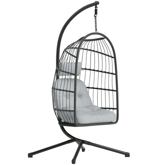 Photo of Outsunny Hanging Egg Chair, Indoor Outdoor Hammock Swing Chair with Stand, Safety Strap, Foldable Basket, Dark/Light Grey in Grey colour on a white background