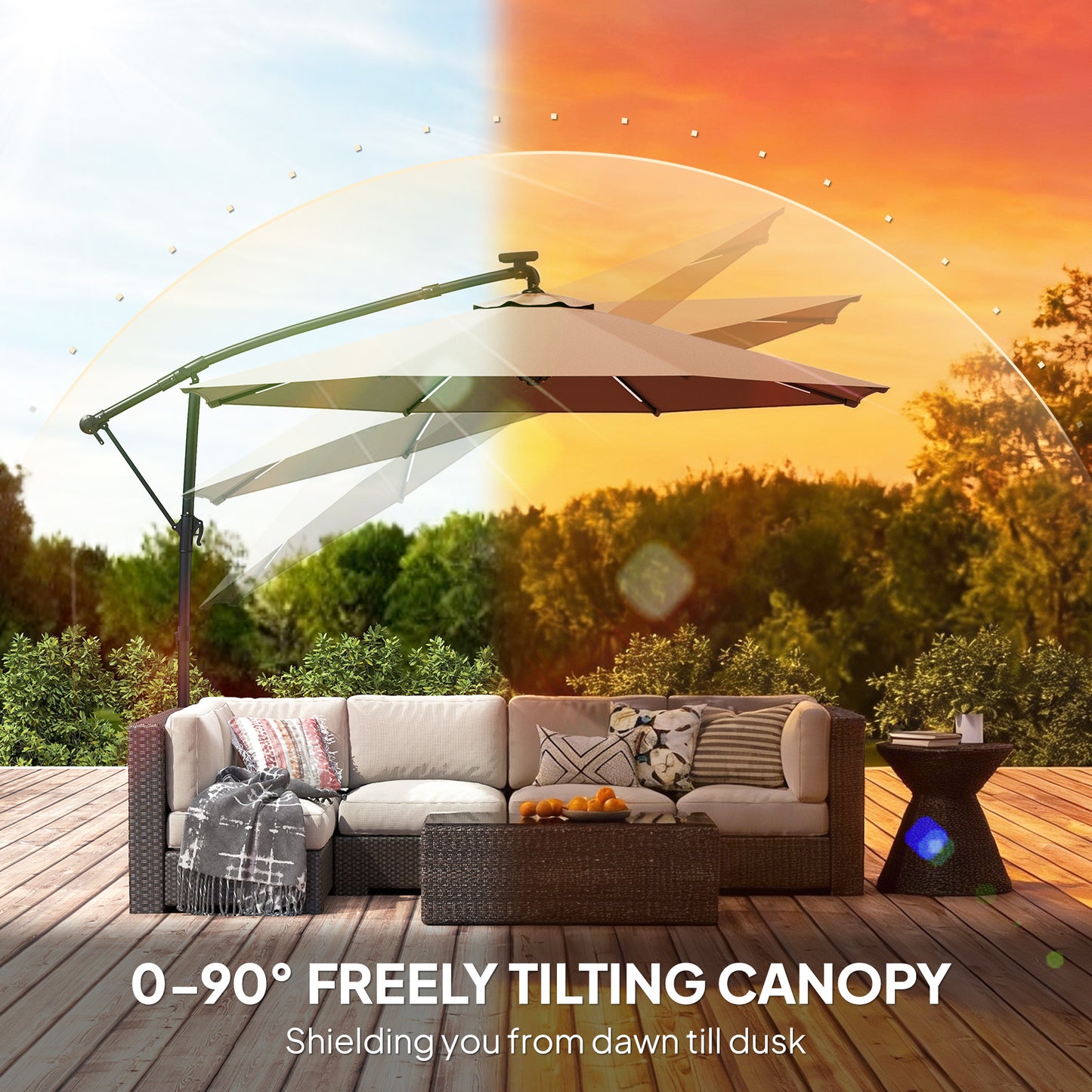 Outsunny 3 m Garden Cantilever Parasol with LED Solar Light, Round Overhanging Umbrella with 360° Rotation, Cover, Grey
