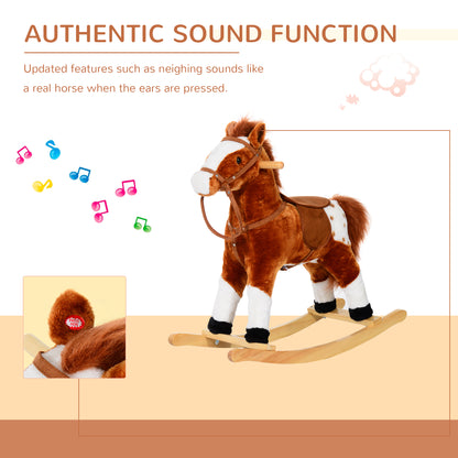 Plush rocking horse with wooden rockers and a close-up of its sound button in the ear