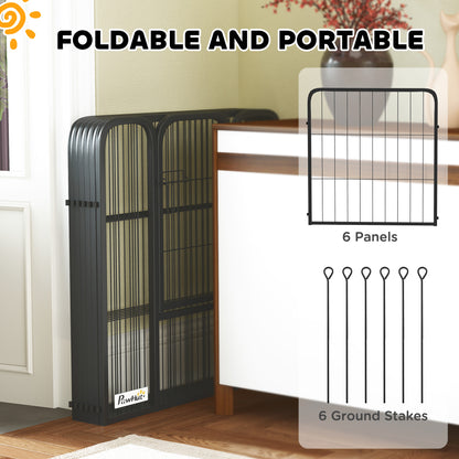 PawHut black dog playpen folded for storage, with six panels and six ground stakes