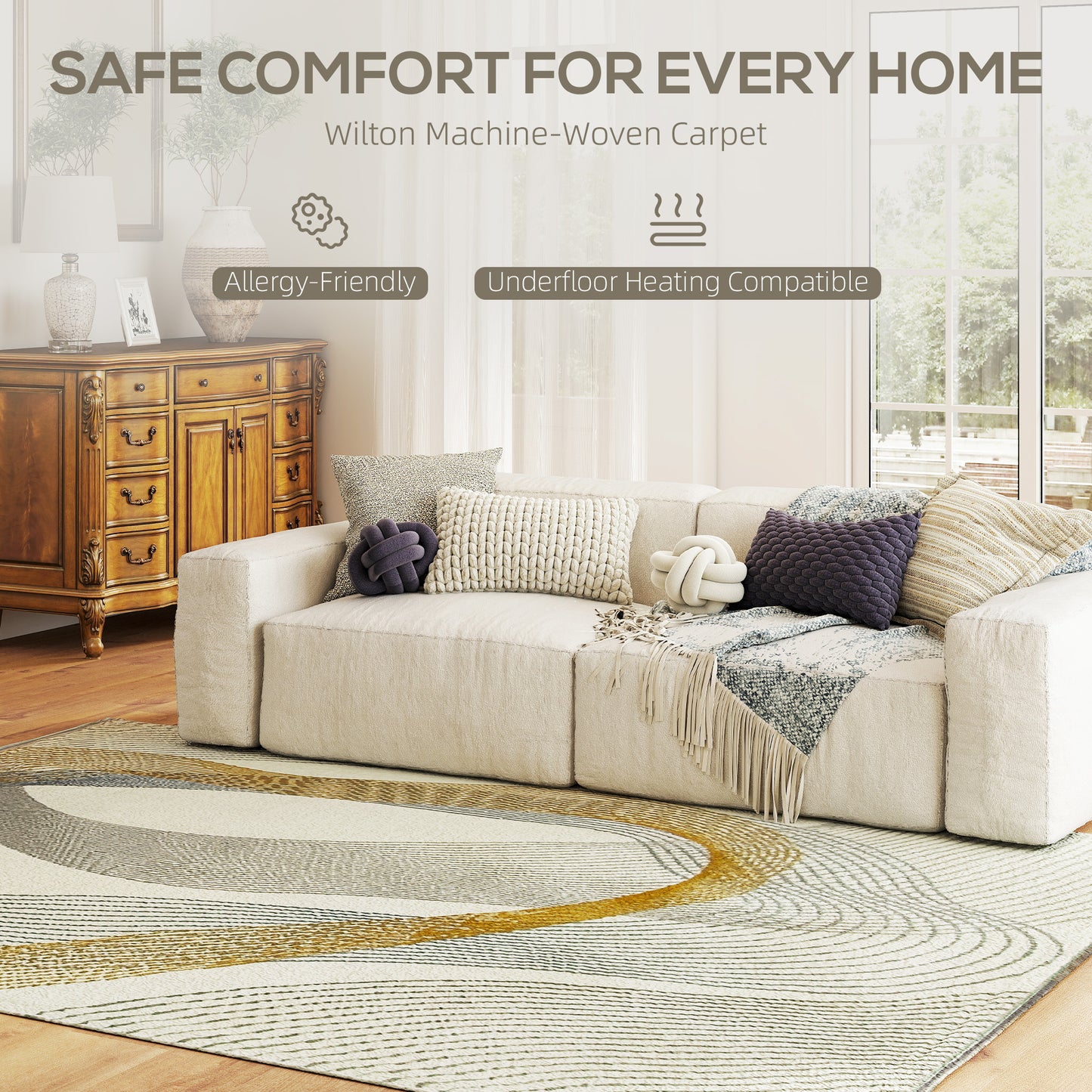HOMCOM Modern Area Rug, Machine Washable Rug, Allergy-Friendly Floor Carpet for Living Room, Bedroom, Dining Room, Home Office, 230 x 160 cm, Cream White