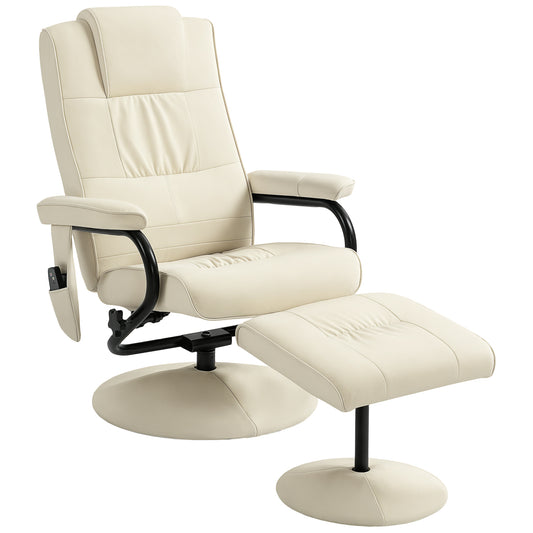Photo of HOMCOM Swivel Recliner Chair and Footstool, Faux Leather Massage Recliner Armchair with Remote Control and Round Wrapped Base, Cream White in White colour on a white background
