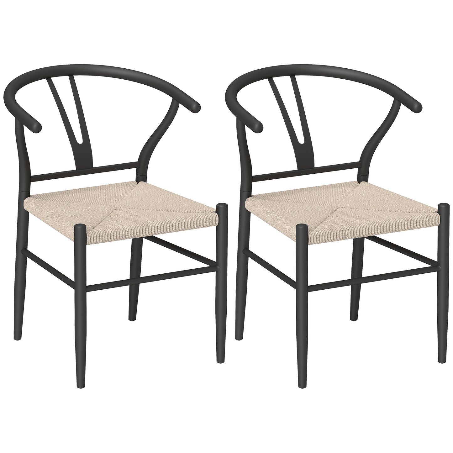 Photo of HOMCOM Set of Two Weave Dining Chairs with Y-Shaped Backrest Hemp Seat - Black/Beige in Black/Beige colour on a white background