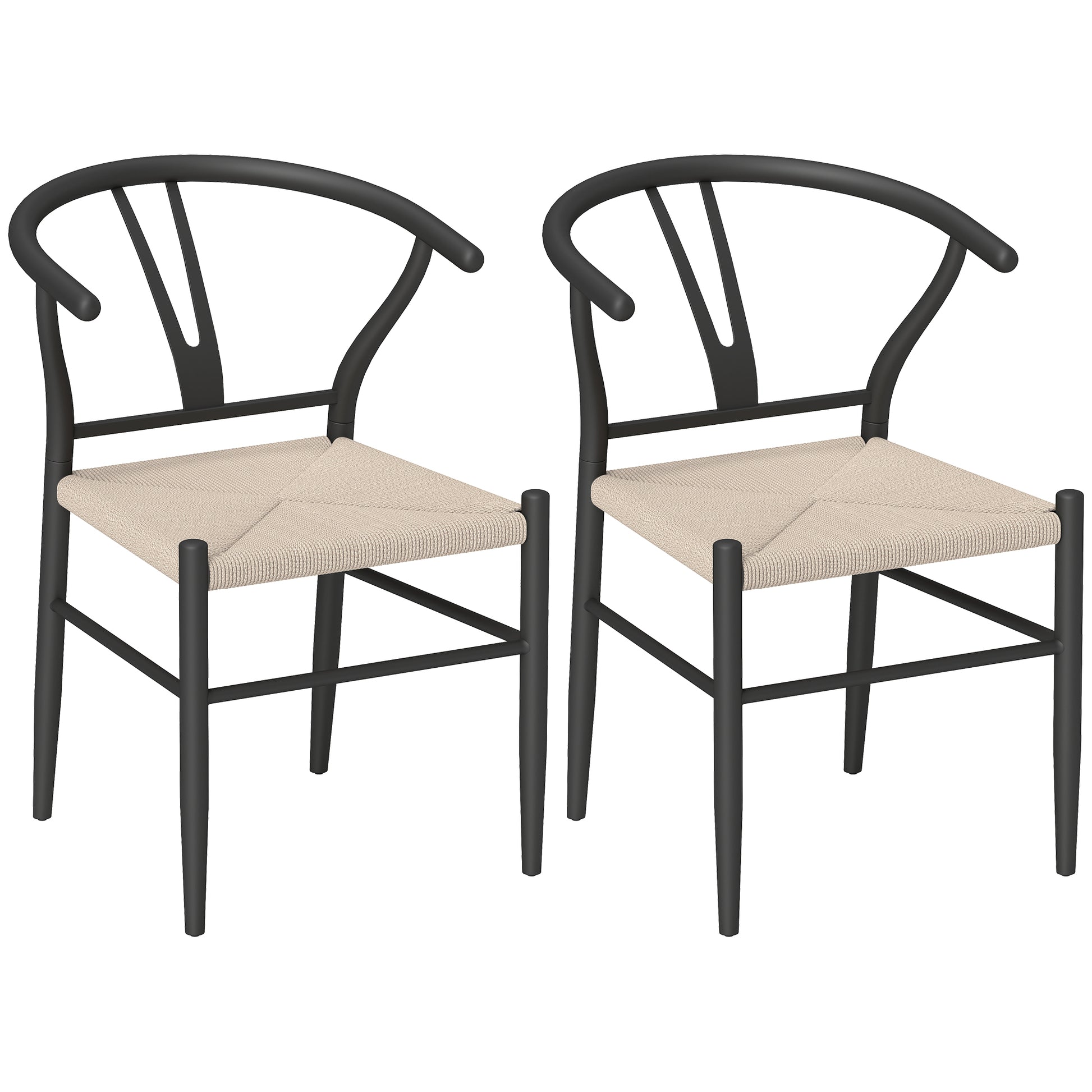 Photo of HOMCOM Set of Two Weave Dining Chairs with Y-Shaped Backrest Hemp Seat - Black/Beige in Black/Beige colour on a white background