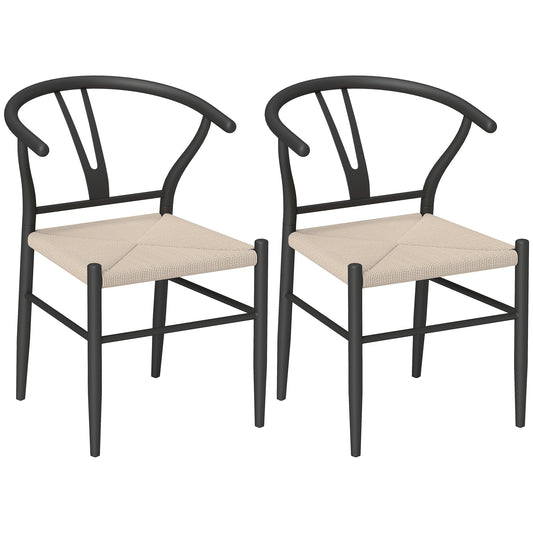 Photo of HOMCOM Set of Two Weave Dining Chairs with Y-Shaped Backrest Hemp Seat - Black/Beige in Black/Beige colour on a white background