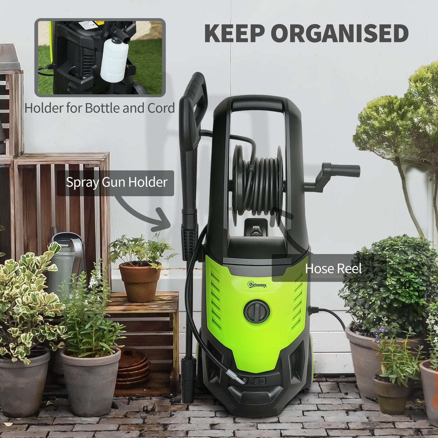 Outsunny 2200W High Pressure Washer, 170 Bar Pressure, 420 L/h Flow, Portable Electric Power Washer Jet Wash Cleaner with Adjustable Nozzle 6M Hose and Hose Reel for Home Patio Car Driveway, Green